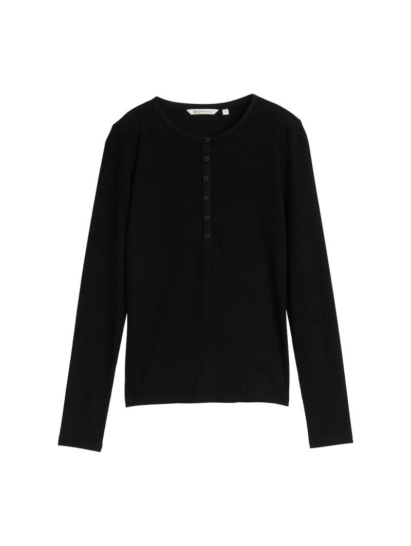 TOM TAILOR DENIM Damen Ripp Henley Langarmshirt, schwarz, Uni, Gr. XXL von Tom Tailor Denim