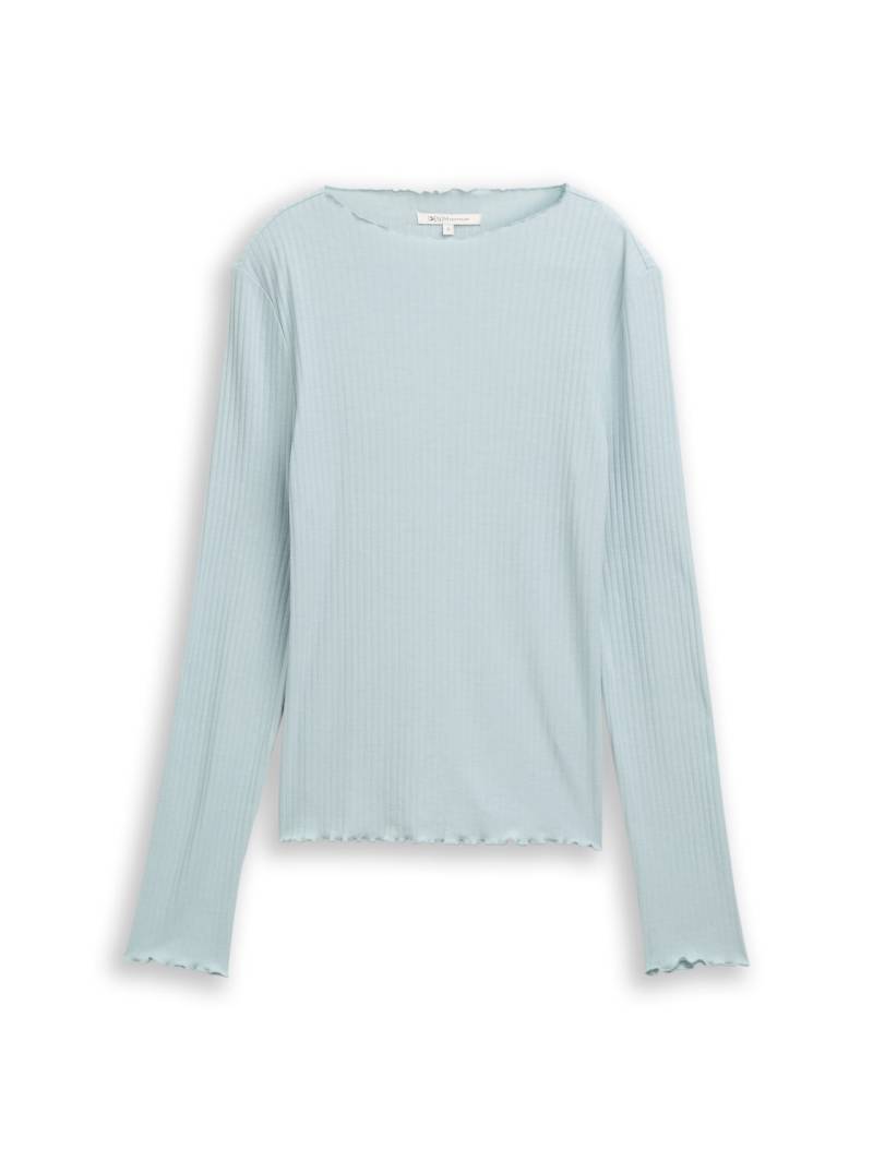 TOM TAILOR DENIM Damen Ripp Langarmshirt mit Stehkragen, blau, Uni, Gr. XS von Tom Tailor Denim