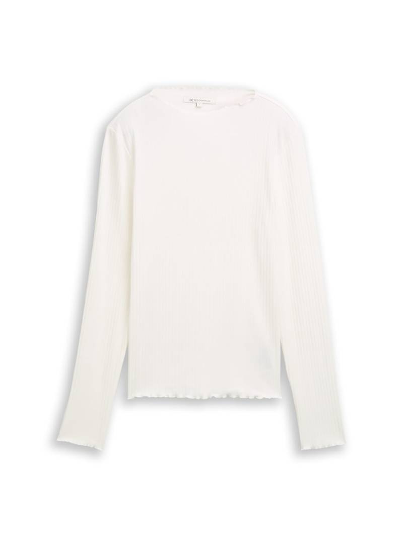 TOM TAILOR DENIM Damen Ripp Langarmshirt mit Stehkragen, weiß, Uni, Gr. S von Tom Tailor Denim