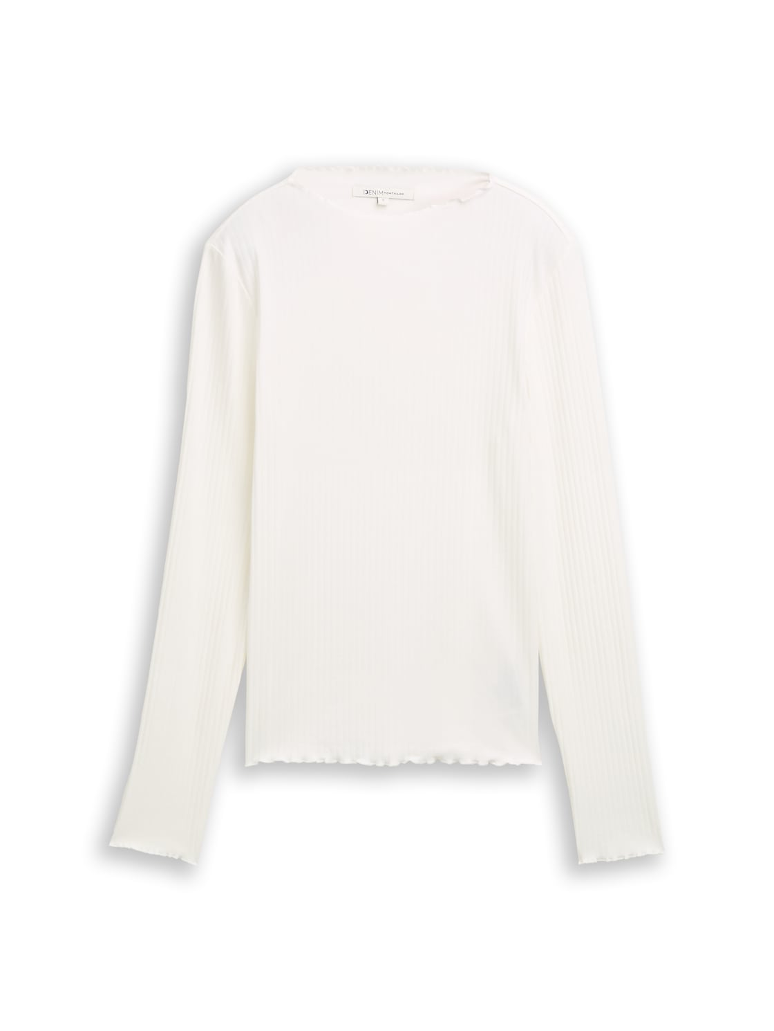 TOM TAILOR DENIM Damen Ripp Langarmshirt mit Stehkragen, weiß, Uni, Gr. XS von Tom Tailor Denim