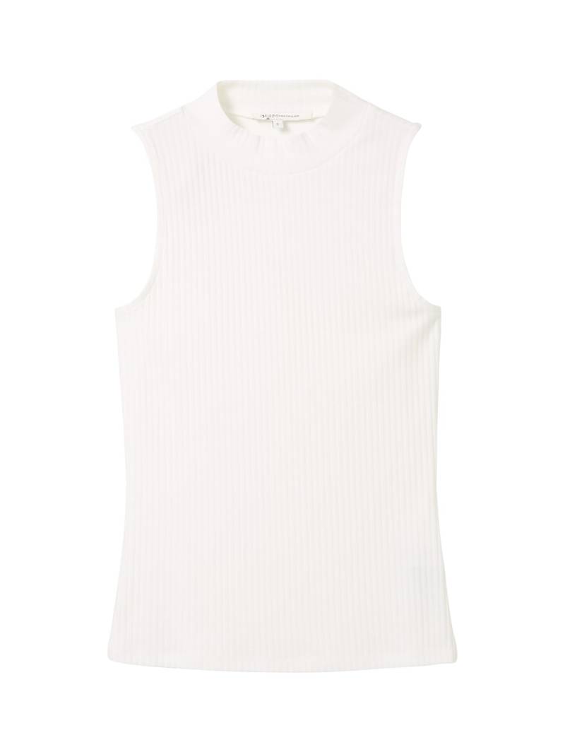 TOM TAILOR DENIM Damen Ripp Top mit Stehkragen, weiß, Uni, Gr. L von Tom Tailor Denim