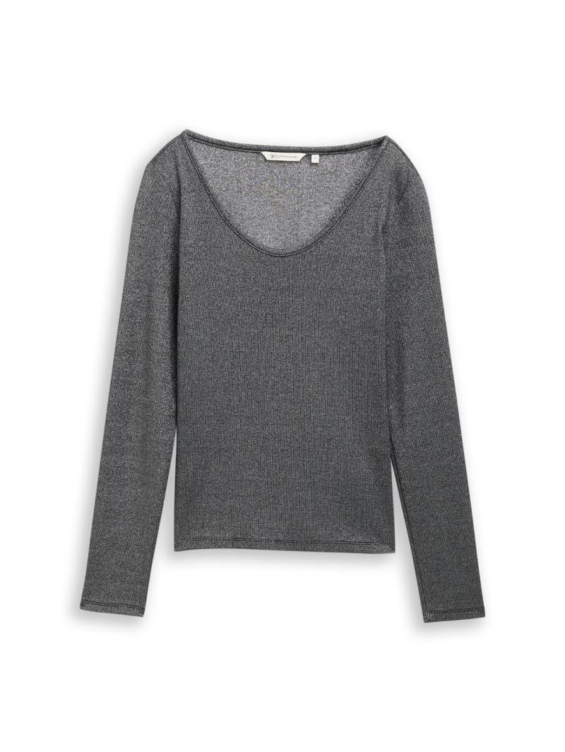 TOM TAILOR DENIM Damen Slim Fit Langarmshirt mit Glitzer-Effekt, schwarz, Uni, Gr. S von Tom Tailor Denim