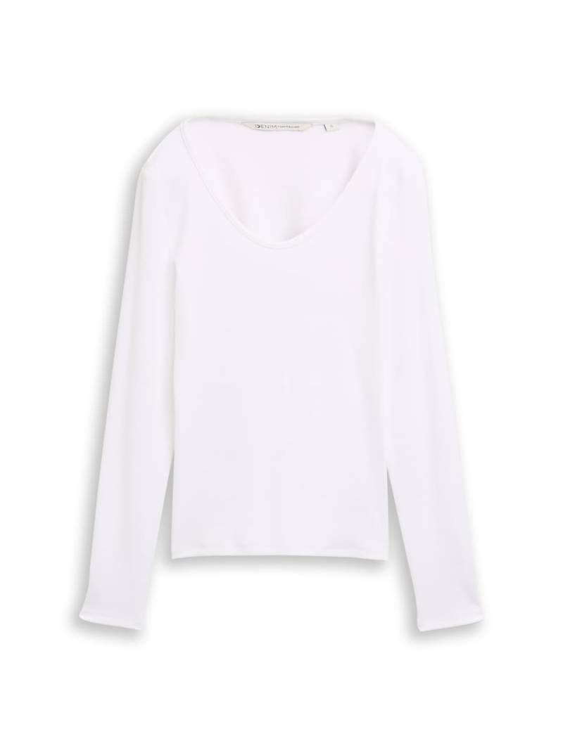 TOM TAILOR DENIM Damen Slim Fit Langarmshirt mit Rippstruktur, weiß, Uni, Gr. XXL von Tom Tailor Denim