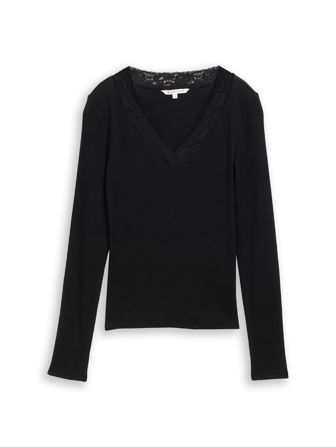 TOM TAILOR DENIM Damen Slim Fit Langarmshirt mit Spitzen-Detail, schwarz, Uni, Gr. L von Tom Tailor Denim