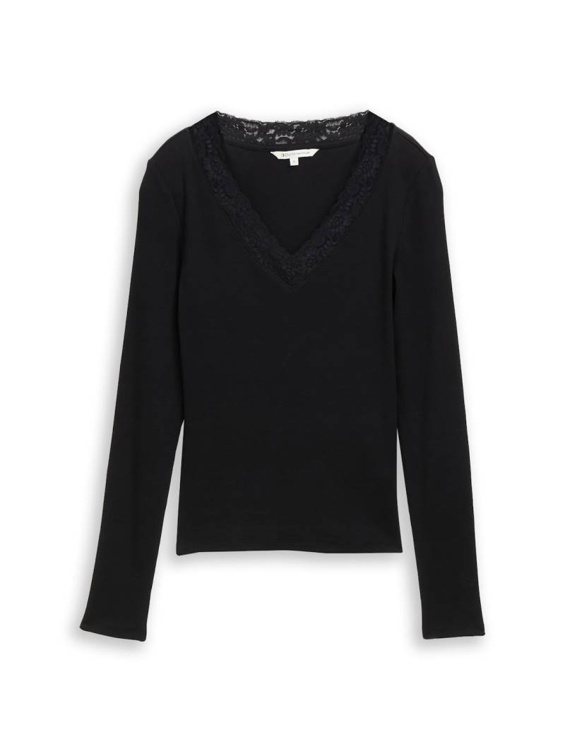 TOM TAILOR DENIM Damen Slim Fit Langarmshirt mit Spitzen-Detail, schwarz, Uni, Gr. XXL von Tom Tailor Denim