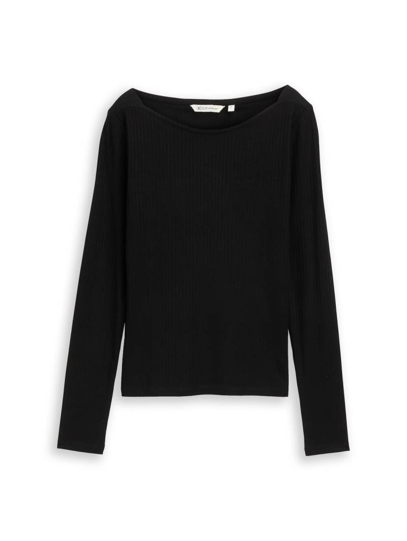 TOM TAILOR DENIM Damen Slim Fit Langarmshirt mit U-Boot-Ausschnitt, schwarz, Uni, Gr. M von Tom Tailor Denim