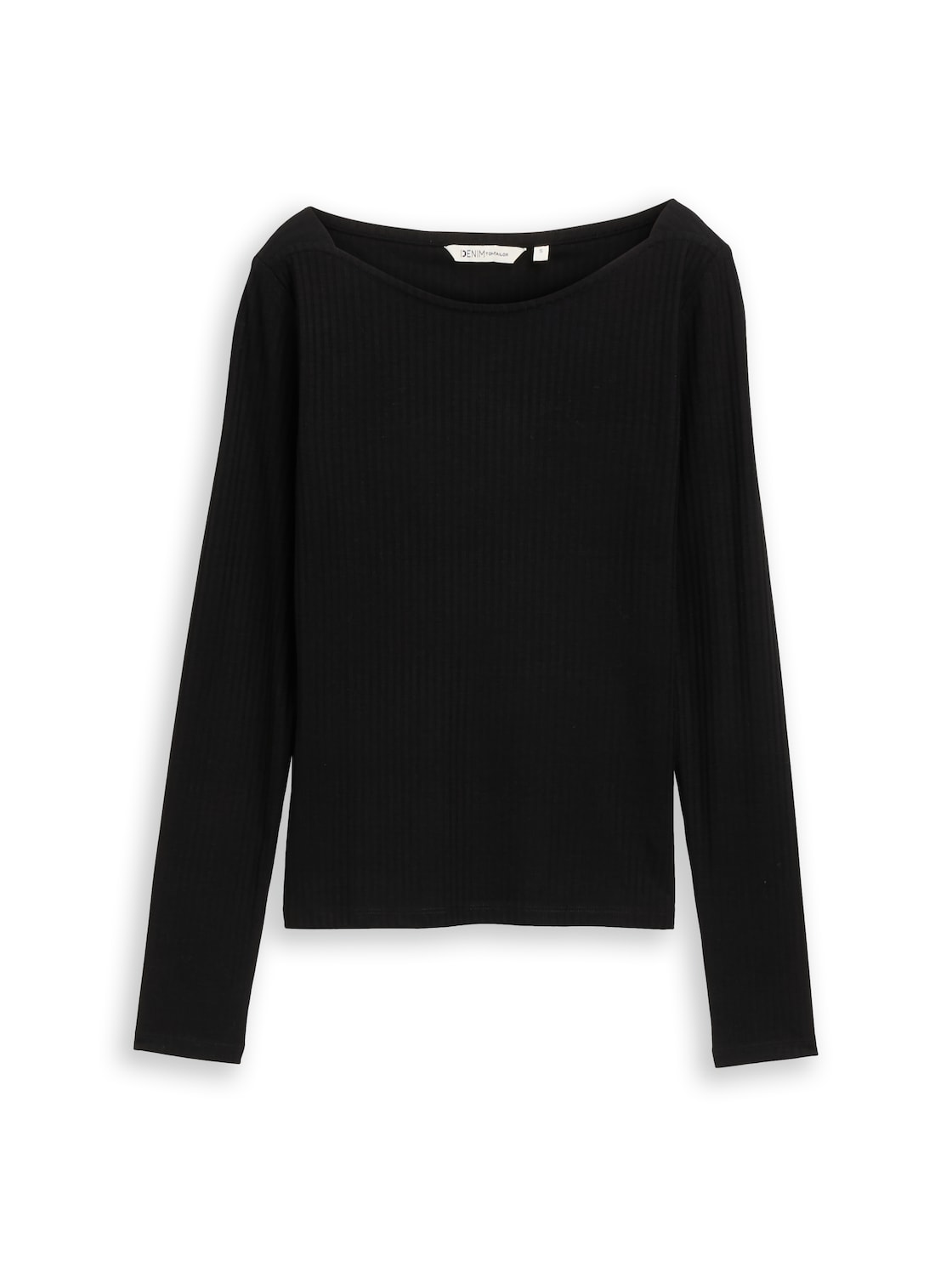TOM TAILOR DENIM Damen Slim Fit Langarmshirt mit U-Boot-Ausschnitt, schwarz, Uni, Gr. XL von Tom Tailor Denim