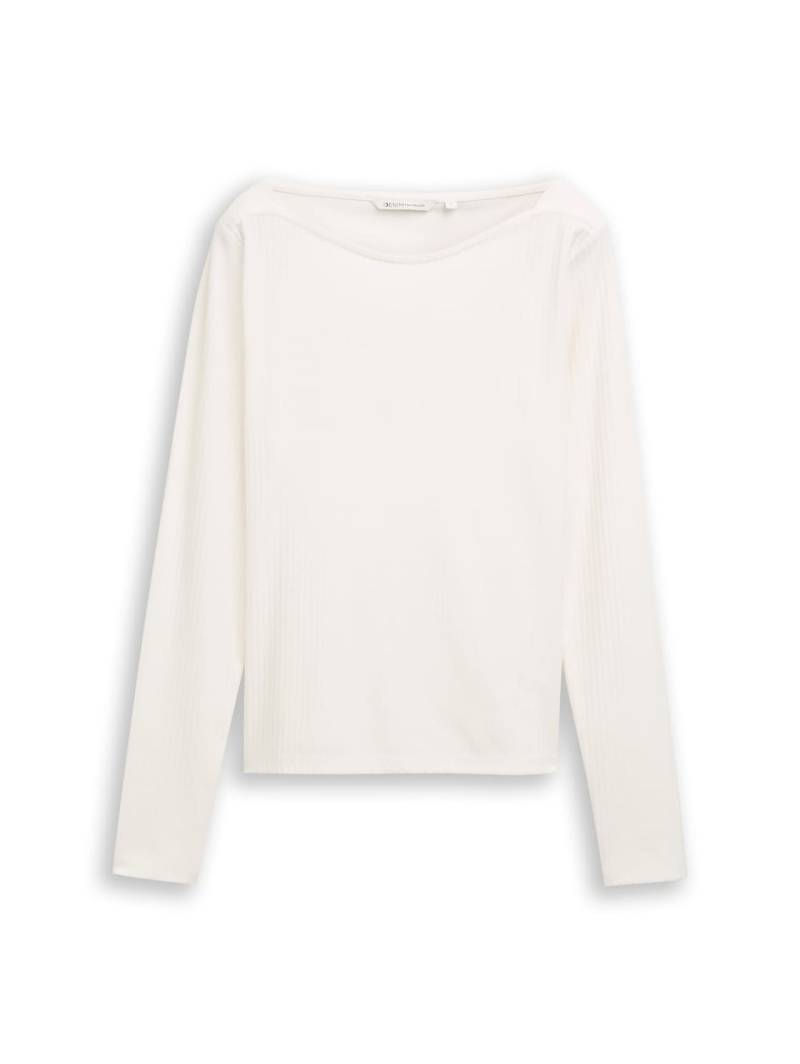 TOM TAILOR DENIM Damen Slim Fit Langarmshirt mit U-Boot-Ausschnitt, weiß, Uni, Gr. S von Tom Tailor Denim
