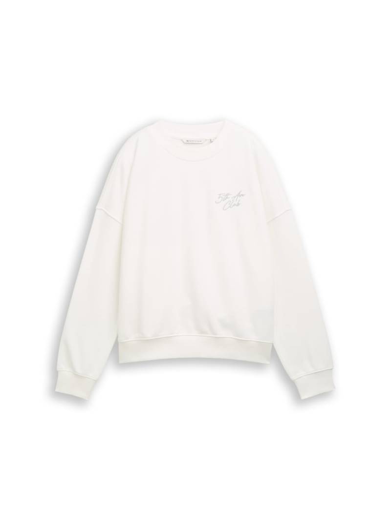 TOM TAILOR DENIM Damen Sweatshirt mit Glitzer-Stickerei, weiß, Uni, Gr. L von Tom Tailor Denim