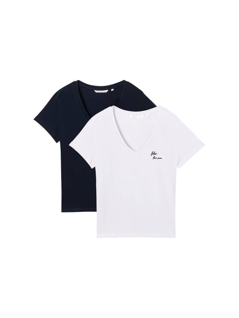 TOM TAILOR DENIM Damen T-Shirt mit V-Ausschnitt im 2er-Pack, blau, Uni, Gr. L von Tom Tailor Denim