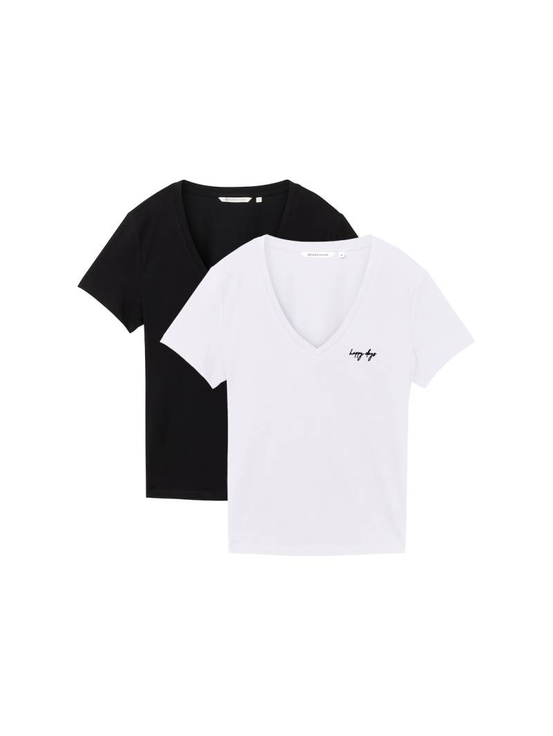 TOM TAILOR DENIM Damen T-Shirt mit V-Ausschnitt im 2er-Pack, schwarz, Uni, Gr. L von Tom Tailor Denim