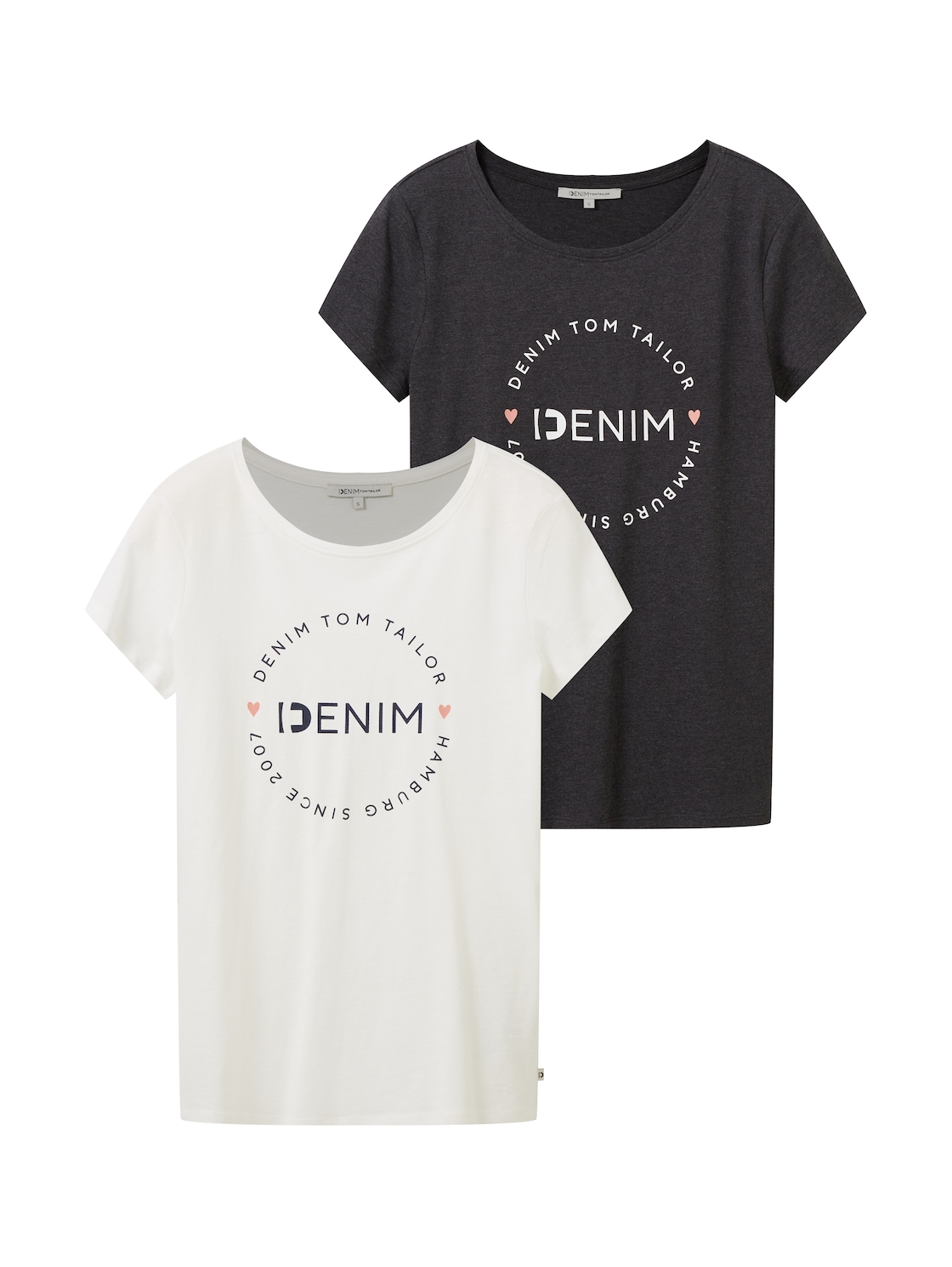 TOM TAILOR DENIM Damen T-Shirts im Doppelpack, grau, Textprint, Gr. L von Tom Tailor Denim