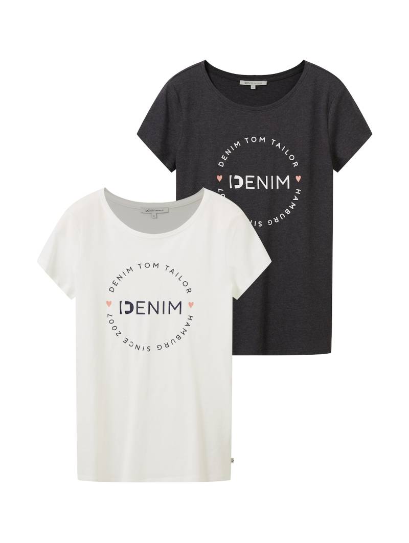 TOM TAILOR DENIM Damen Print T-Shirt im 2er-Pack, grau, Uni, Gr. L von Tom Tailor Denim