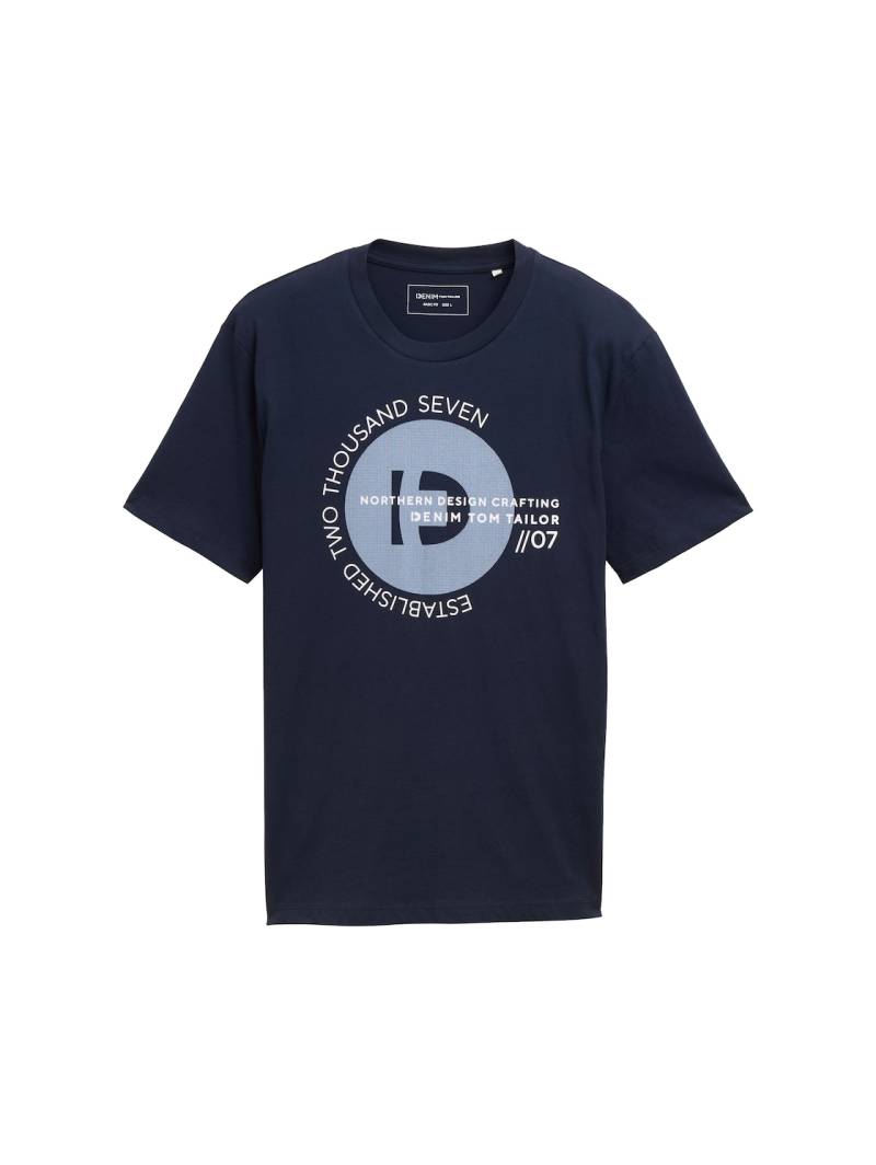 TOM TAILOR DENIM Herren Basic T-Shirt mit Logo-Print, blau, Uni, Gr. L von Tom Tailor Denim
