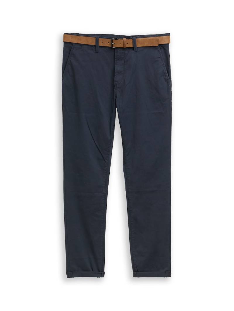 TOM TAILOR DENIM Herren Slim Fit Chino Hose mit Gürtel, blau, Uni, Gr. 34/32 von Tom Tailor Denim