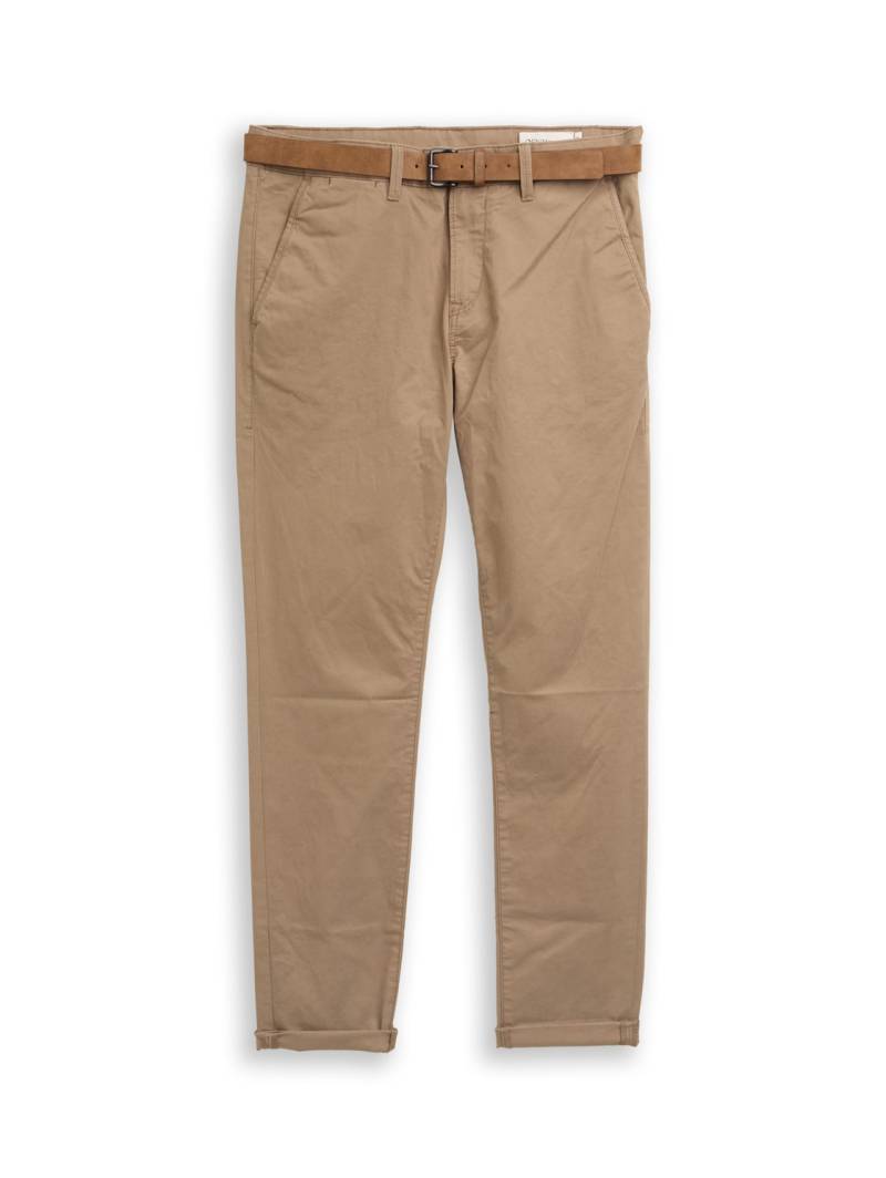 TOM TAILOR DENIM Herren Chino Hose mit Gürtel, braun, Uni, Gr. 34/32 von Tom Tailor Denim