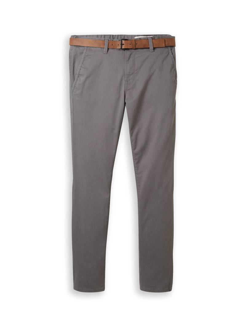 TOM TAILOR DENIM Herren Chino Hose mit Gürtel, grau, Uni, Gr. 33/32 von Tom Tailor Denim