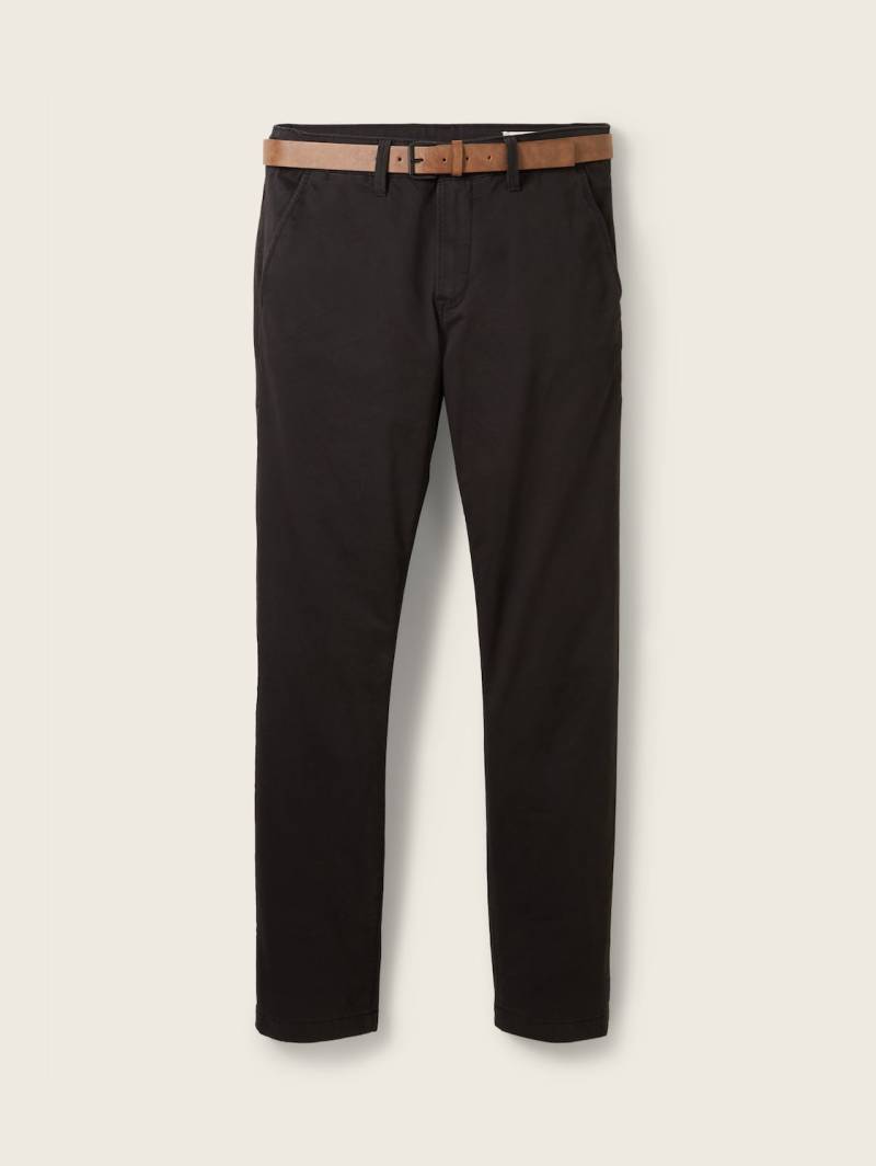 TOM TAILOR DENIM Herren Chino Hose mit Gürtel, schwarz, Logo Print, Gr. 34/34 von Tom Tailor Denim