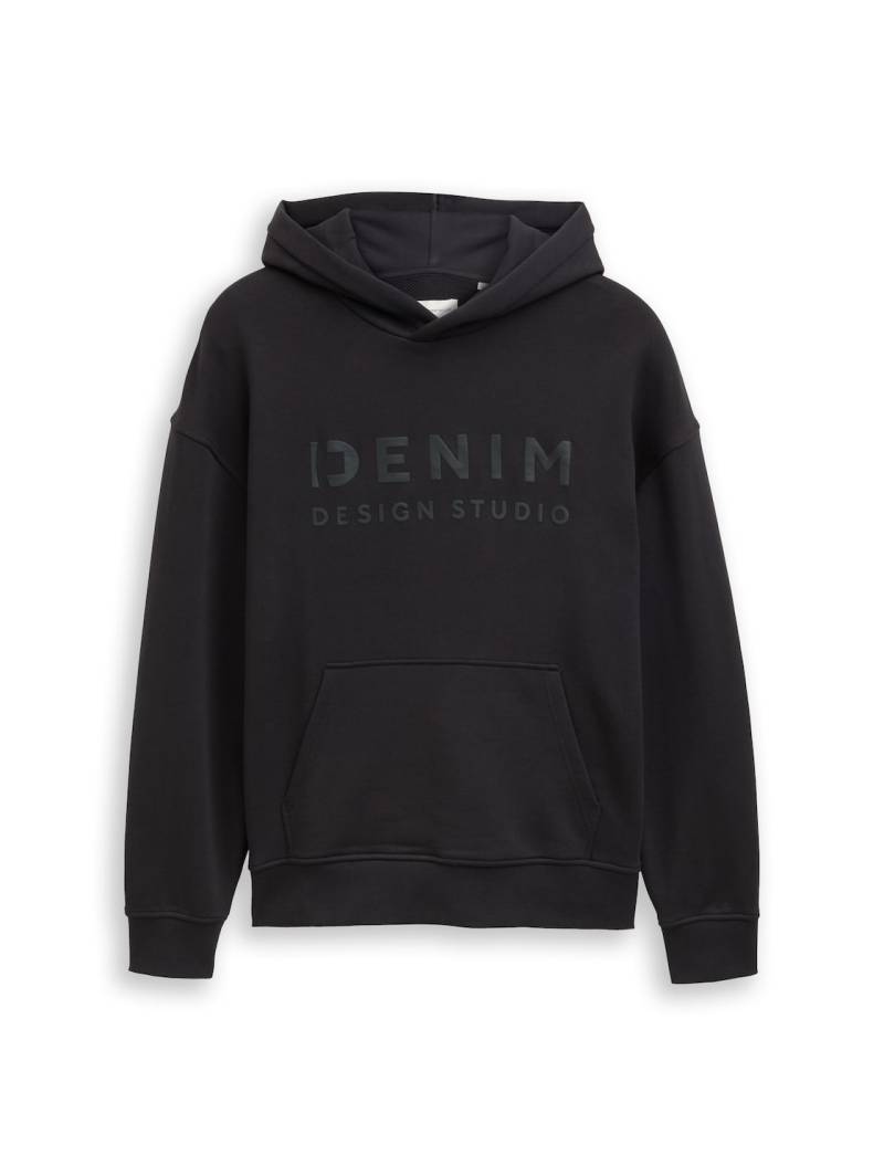 TOM TAILOR DENIM Herren Relaxed Fit Hoodie Sweatshirt mit Print, schwarz, Uni, Gr. XL von Tom Tailor Denim
