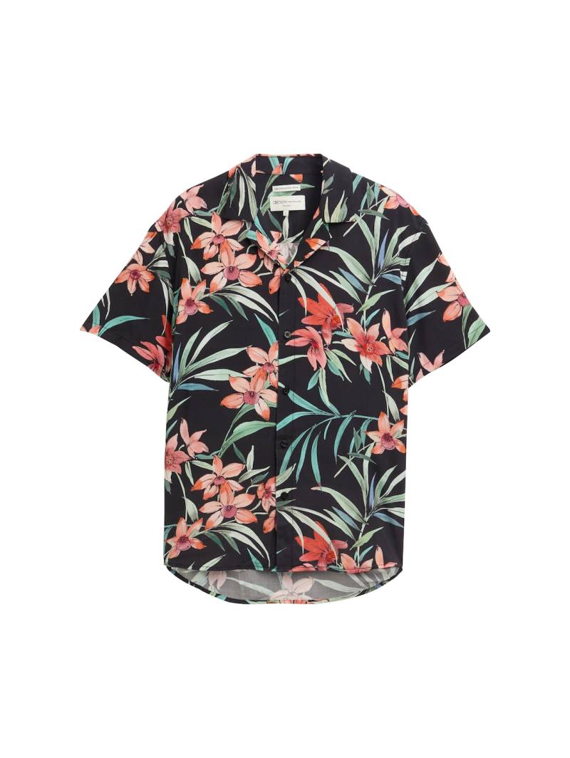 TOM TAILOR DENIM Herren Relaxed Fit Kurzarmhemd mit Blumen-Muster, schwarz, Gemustert, Gr. XS von Tom Tailor Denim