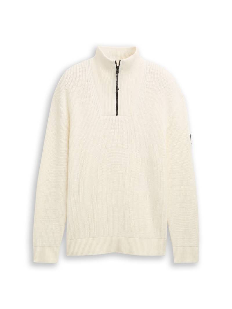 TOM TAILOR DENIM Herren Relaxed Fit Troyer Strickpullover, weiß, Uni, Gr. L von Tom Tailor Denim