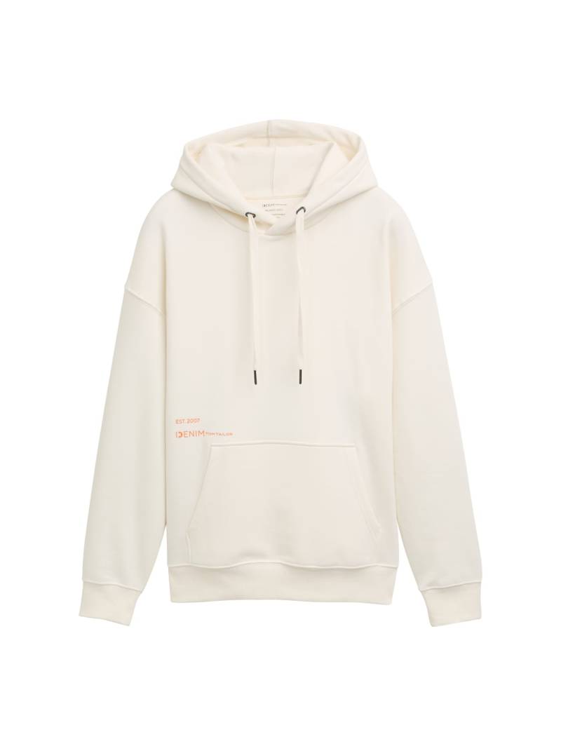 TOM TAILOR DENIM Herren Relaxed Hoodie Sweatshirt mit Rückenprint, weiß, Uni, Gr. M von Tom Tailor Denim