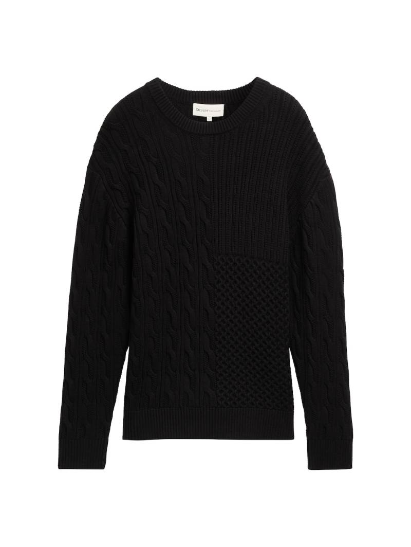 TOM TAILOR DENIM Herren Relaxed Pullover mit Zopfmuster, schwarz, Uni, Gr. L von Tom Tailor Denim