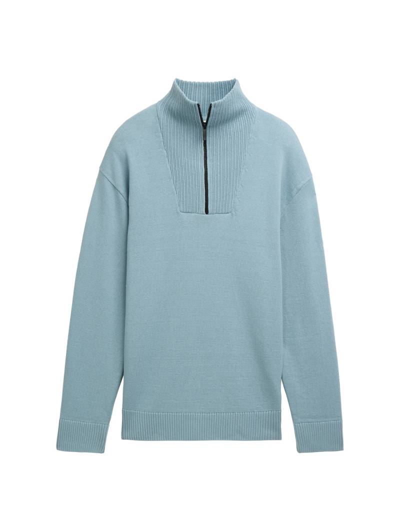 TOM TAILOR DENIM Herren Relaxed Troyer Strickpullover aus Baumwolle, blau, Uni, Gr. S von Tom Tailor Denim