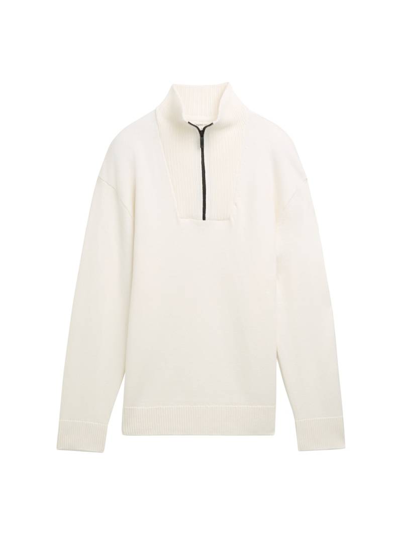 TOM TAILOR DENIM Herren Relaxed Troyer Strickpullover aus Baumwolle, weiß, Uni, Gr. M von Tom Tailor Denim