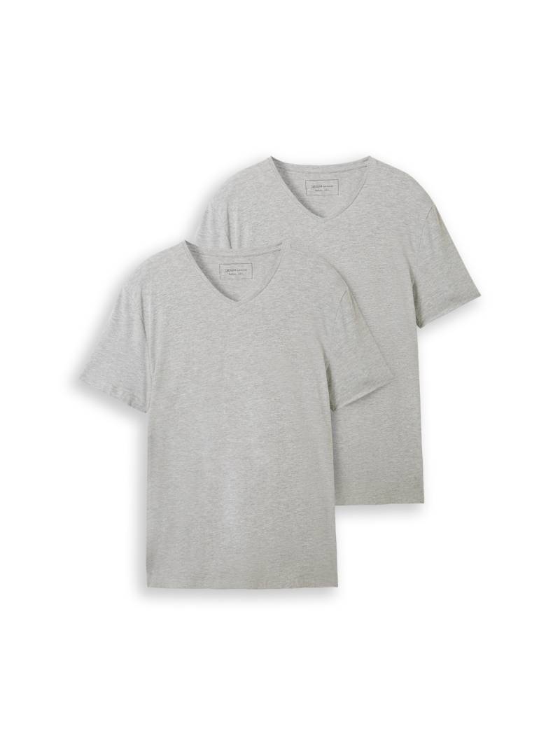TOM TAILOR DENIM Herren Basic T-Shirt im Doppelpack mit V-Ausschnitt, grau, Uni, Gr. L von Tom Tailor Denim