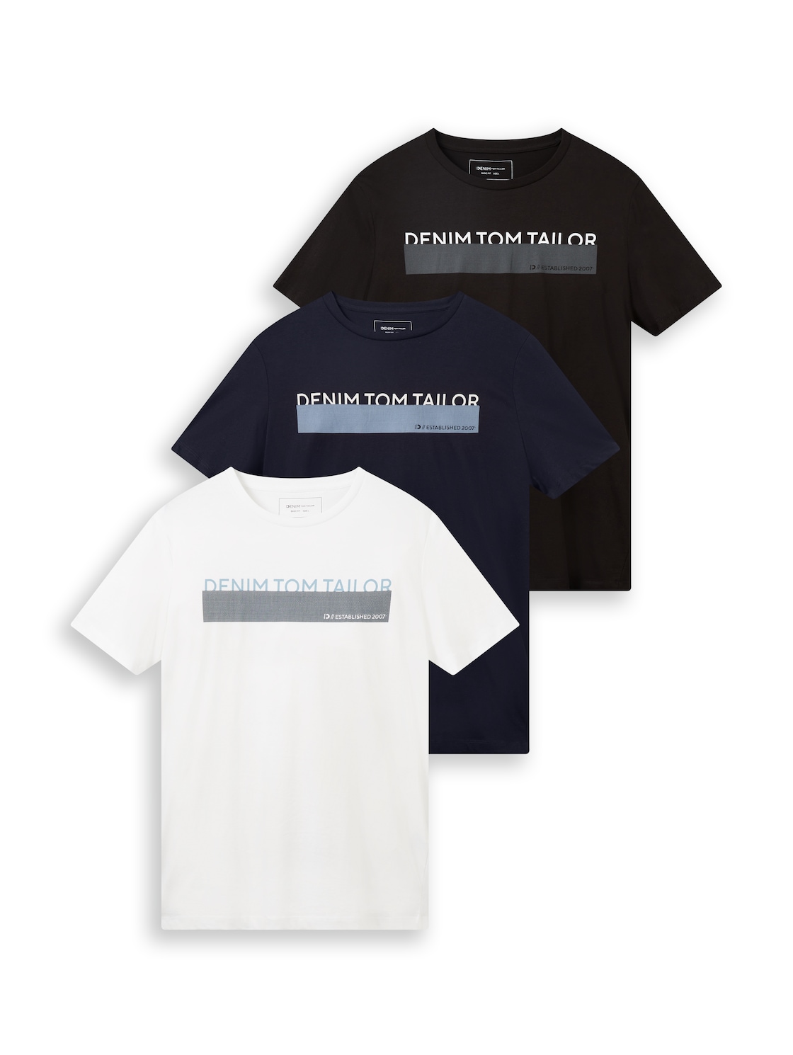 TOM TAILOR DENIM Herren T-Shirt mit Print im 3er-Pack, schwarz, Uni, Gr. L von Tom Tailor Denim