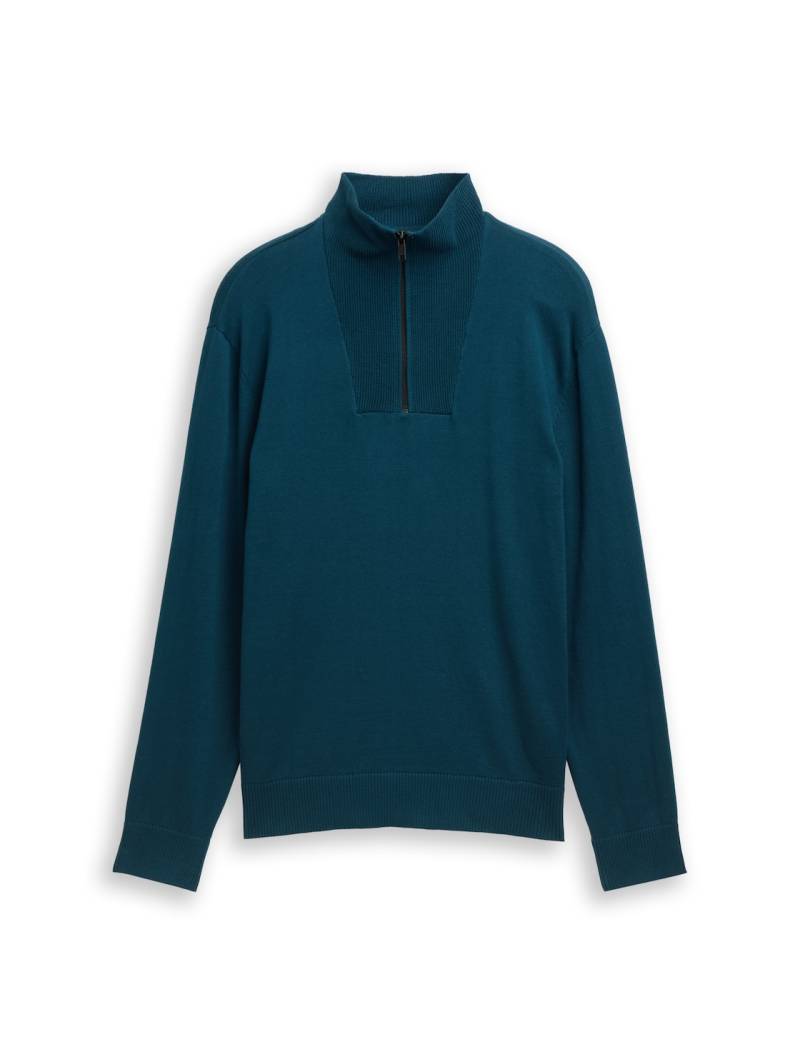 TOM TAILOR DENIM Herren Troyer Strickpullover aus Baumwolle, grün, Uni, Gr. M von Tom Tailor Denim