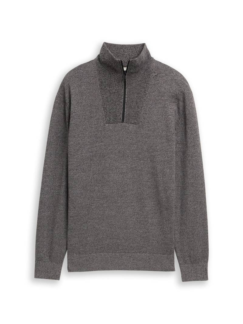 TOM TAILOR DENIM Herren Troyer Strickpullover aus Baumwolle, schwarz, Meliert, Gr. M von Tom Tailor Denim