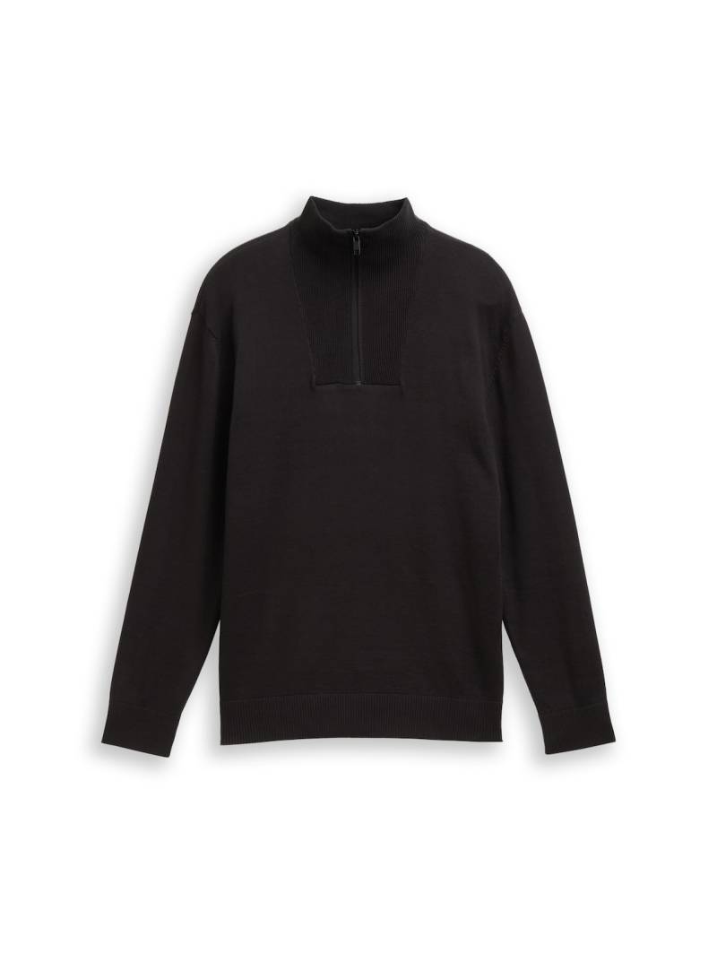 TOM TAILOR DENIM Herren Troyer Strickpullover aus Baumwolle, schwarz, Uni, Gr. XL von Tom Tailor Denim