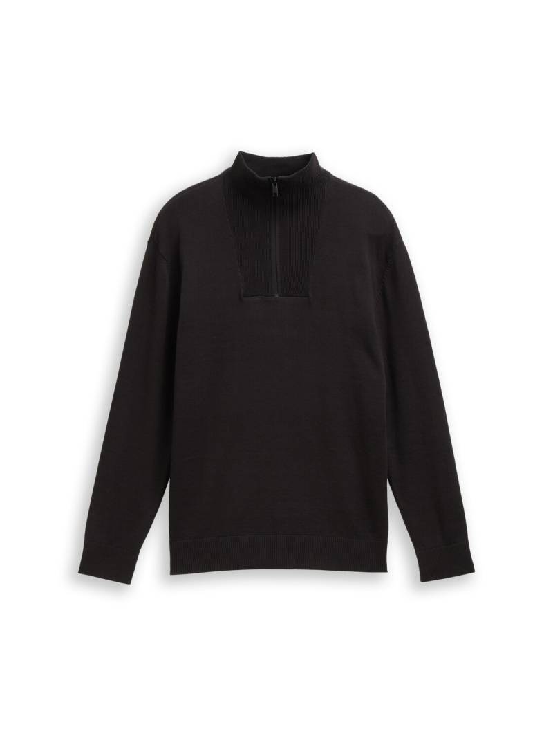 TOM TAILOR DENIM Herren Troyer Strickpullover aus Baumwolle, schwarz, Uni, Gr. XS von Tom Tailor Denim