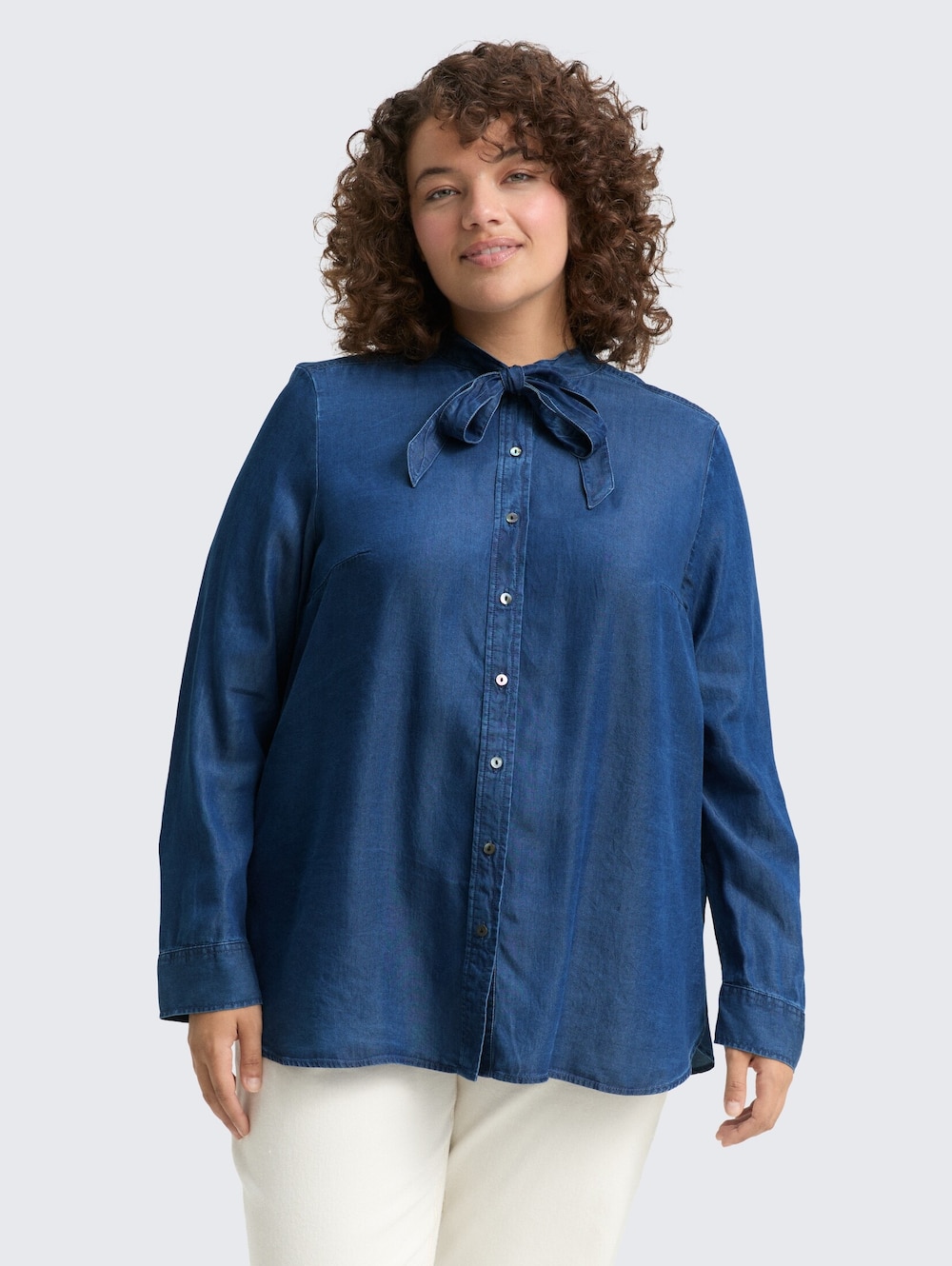 Große Größen Bluse mit Schleifen-Detail, Damen, blau, Größe: 46, Synthetische Fasern, Happy Size DE Women von Tom Tailor Women PLUS
