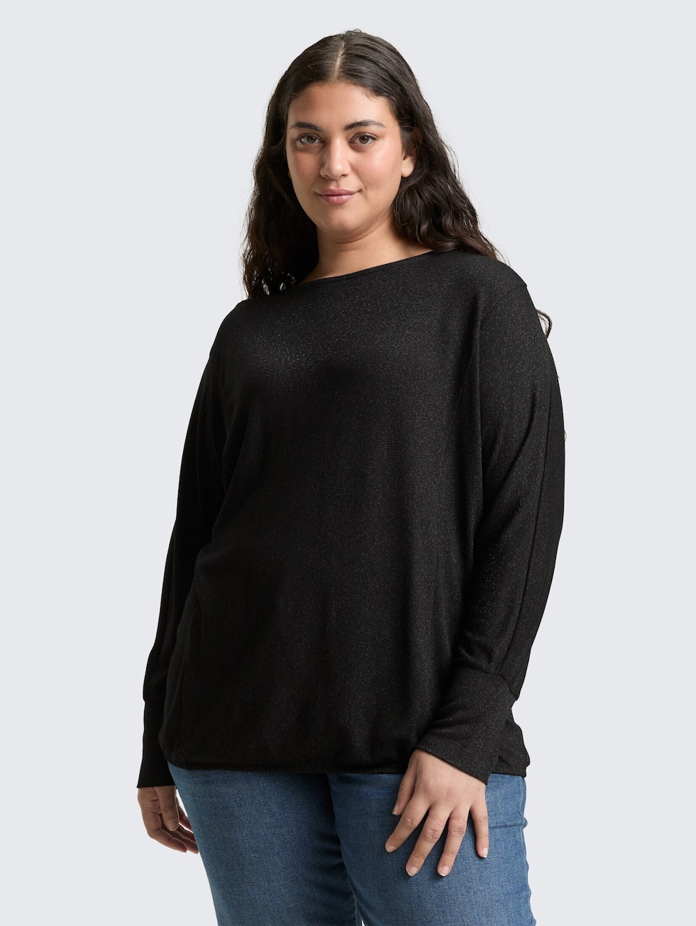 Große Größen Tom Tailor Women PLUS T-Shirt Plus Size - Loose Fit Langarmshirt mit Glitzer-Effekt, Damen, schwarz, Größe: 48, Viskose, Happy Size DE Women von Tom Tailor Women PLUS