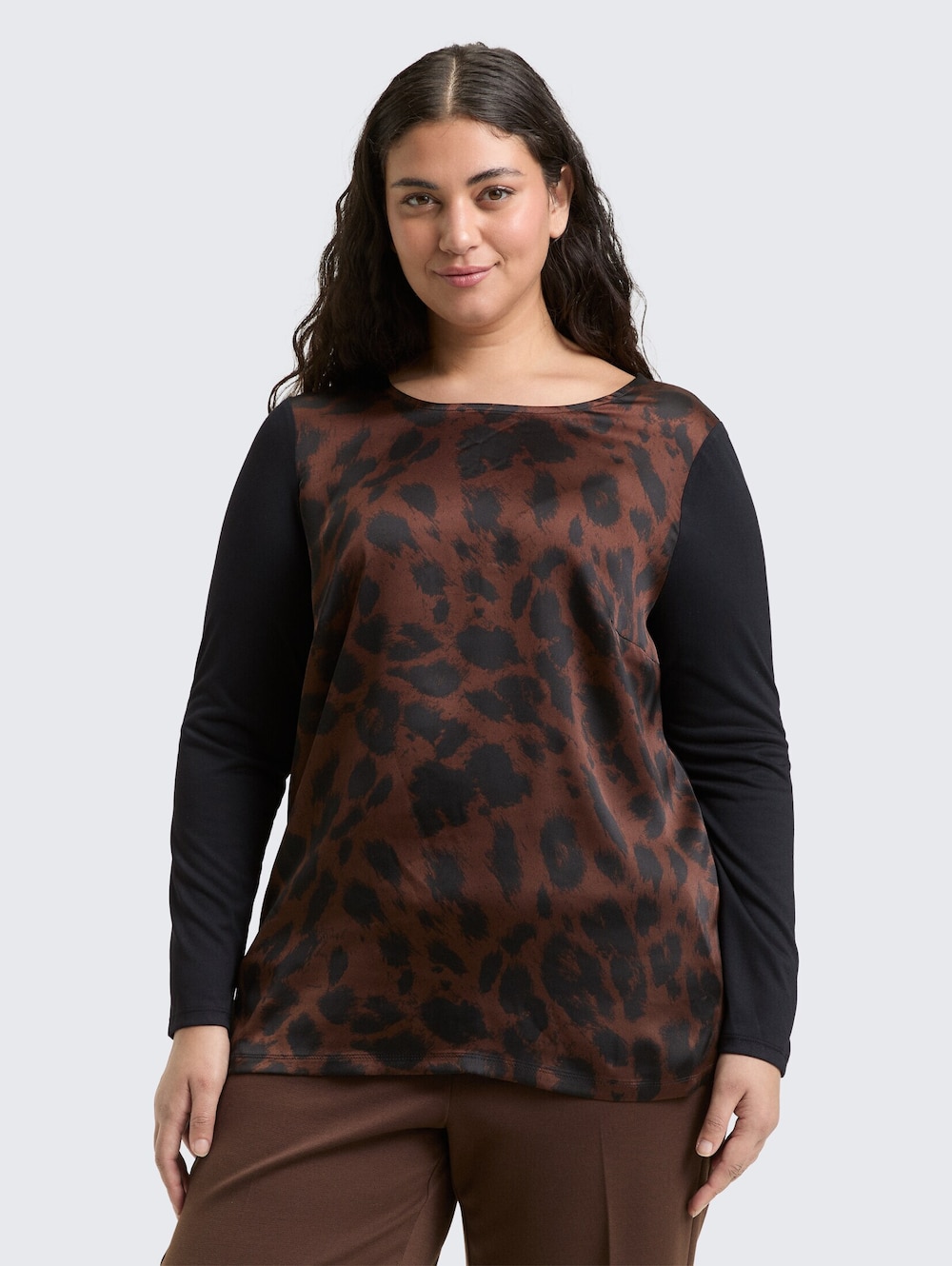 Große Größen Tom Tailor Women PLUS T-Shirt Plus Size - Loose Fit Langarmshirt mit Leo-Print, Damen, braun, Größe: 54, Viskose/Polyester, Happy Size DE Women von Tom Tailor Women PLUS