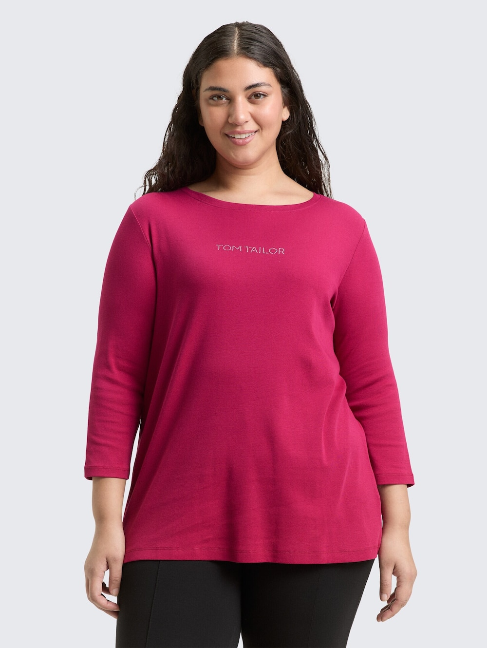 Große Größen Slim Fit Langarmshirt mit Glitzer-Logo, Damen, rosa, Größe: 46, Baumwolle, Happy Size DE Women von Tom Tailor Women PLUS