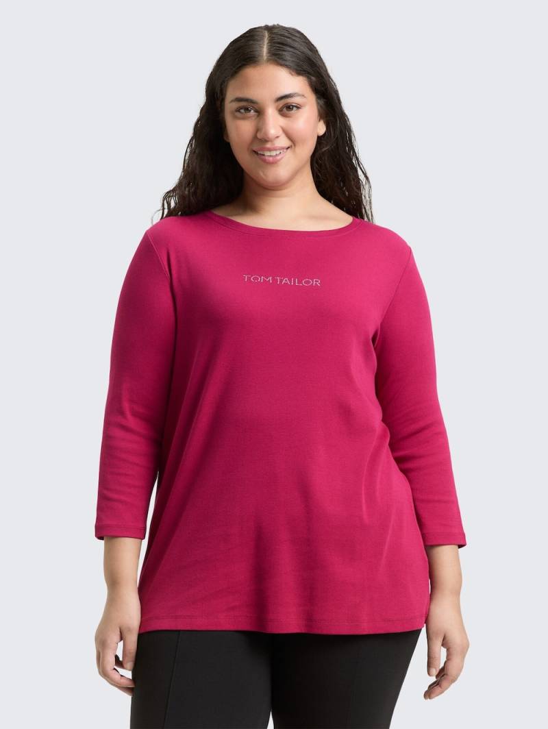 Große Größen Slim Fit Langarmshirt mit Glitzer-Logo, Damen, rosa, Größe: 46, Baumwolle, Happy Size DE Women von Tom Tailor Women PLUS