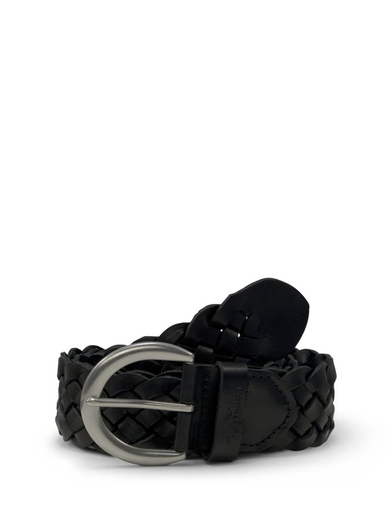 TOM TAILOR Damen TTLISA Flechtgürtel aus Leder, schwarz, Logo Print, Gr. 85 von Tom Tailor