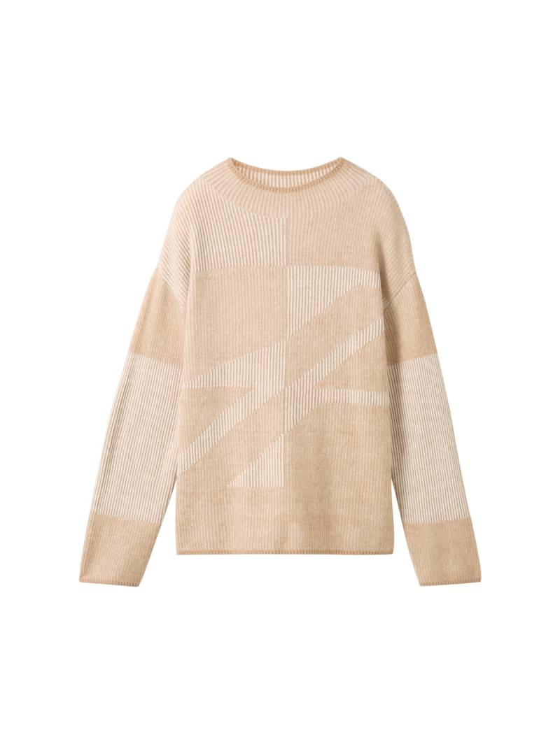 TOM TAILOR Damen Loose Fit Ripp Strickpullover mit Muster, beige, Gemustert, Gr. XS von Tom Tailor