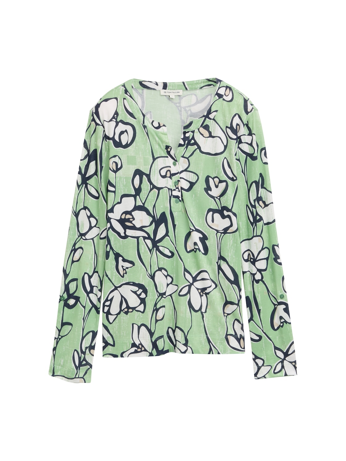 TOM TAILOR Damen Henley Langarmshirt mit Muster, grün, Geblümt, Gr. M von Tom Tailor