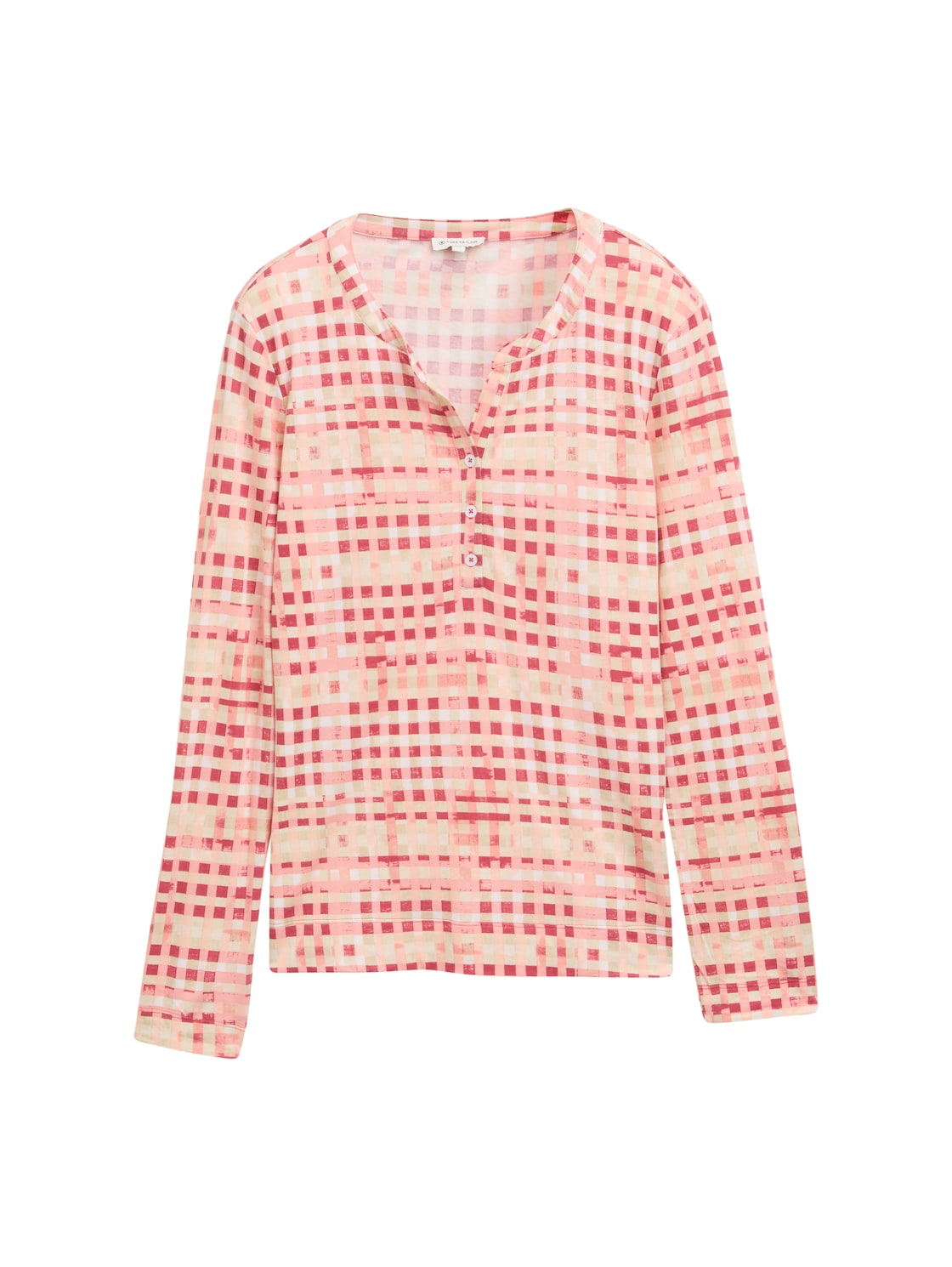 TOM TAILOR Damen Henley Langarmshirt mit Muster, rot, Kariert, Gr. XL von Tom Tailor