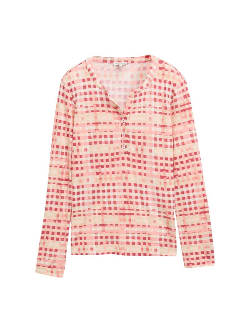 TOM TAILOR Damen Henley Langarmshirt mit Muster, rot, Kariert, Gr. XL von Tom Tailor