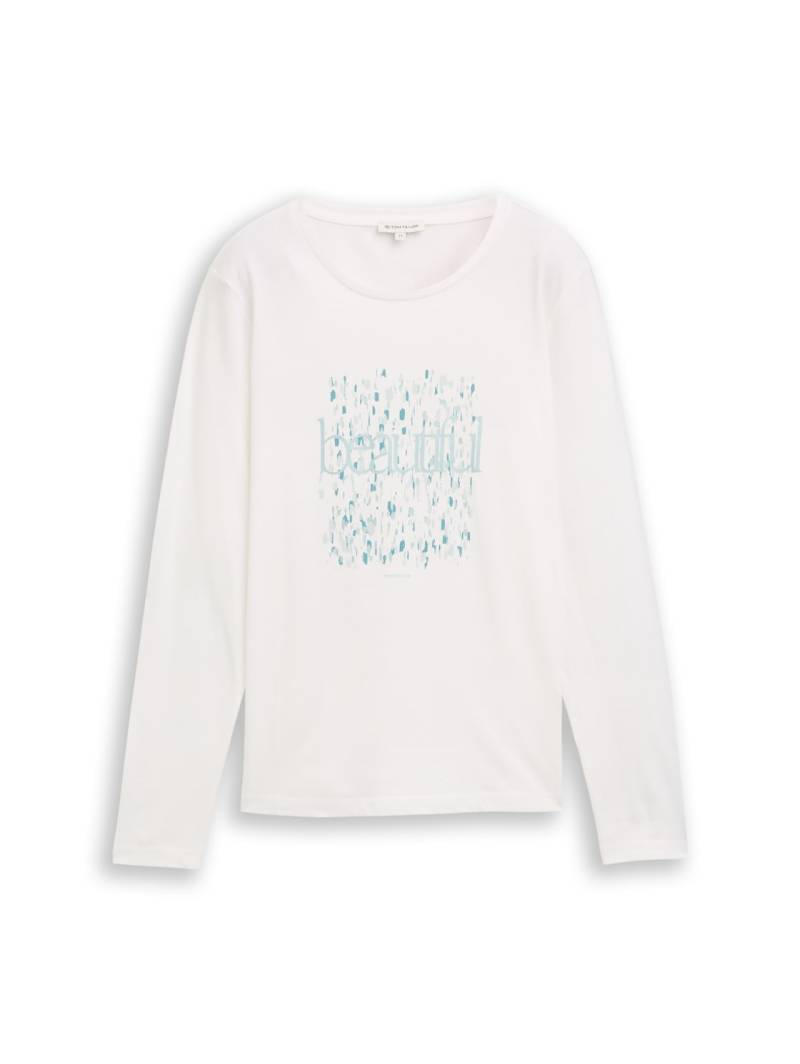 TOM TAILOR Damen Langarmshirt mit Print, weiß, Uni, Gr. XS von Tom Tailor