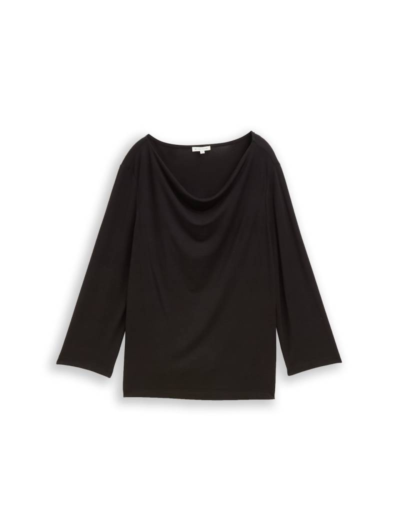TOM TAILOR Damen Langarmshirt mit Wasserfallkragen, schwarz, Uni, Gr. S von Tom Tailor
