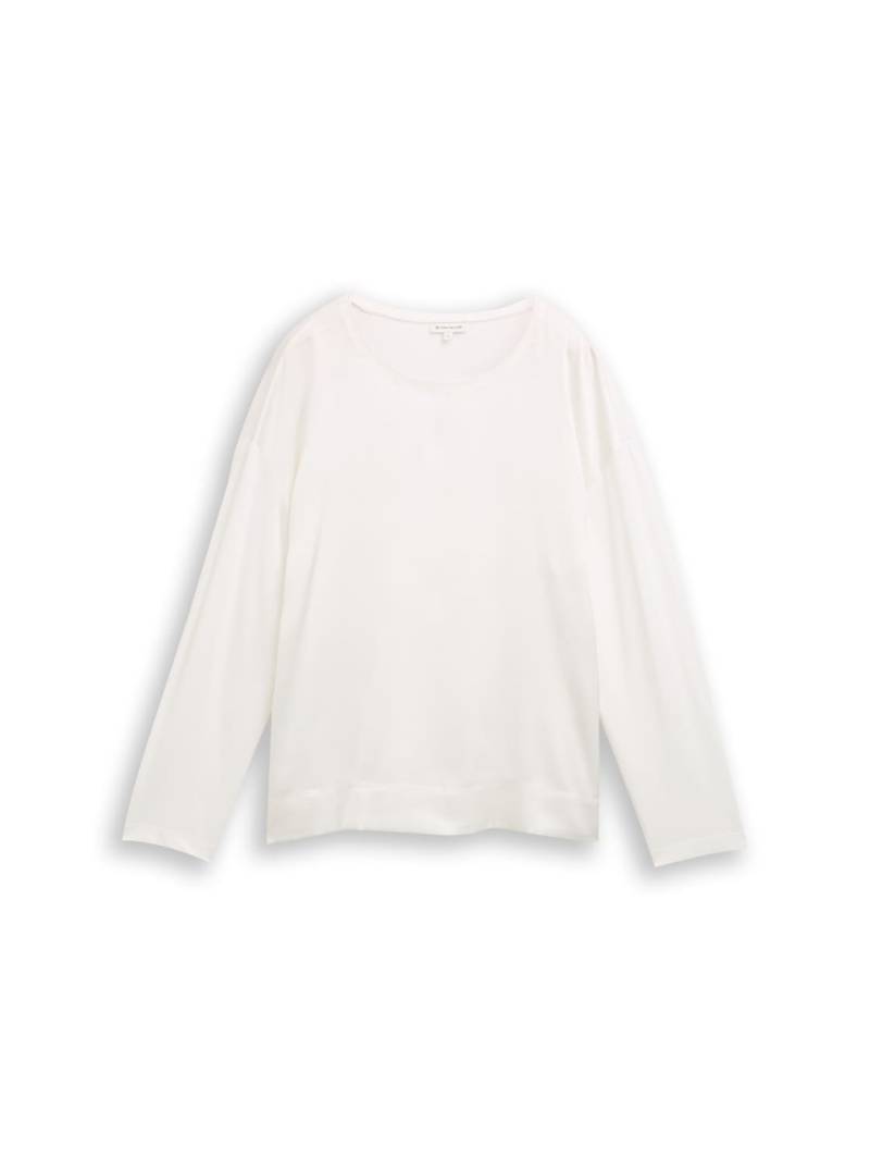 TOM TAILOR Damen Loose Fit Langarmshirt im Material-Mix, weiß, Uni, Gr. L von Tom Tailor