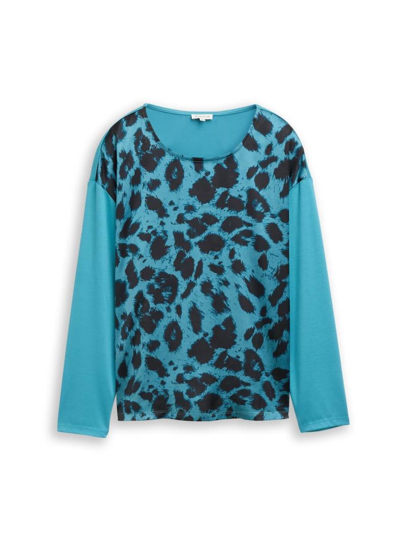 TOM TAILOR Damen Loose Fit Langarmshirt mit Leo-Print, blau, Animalprint, Gr. S von Tom Tailor