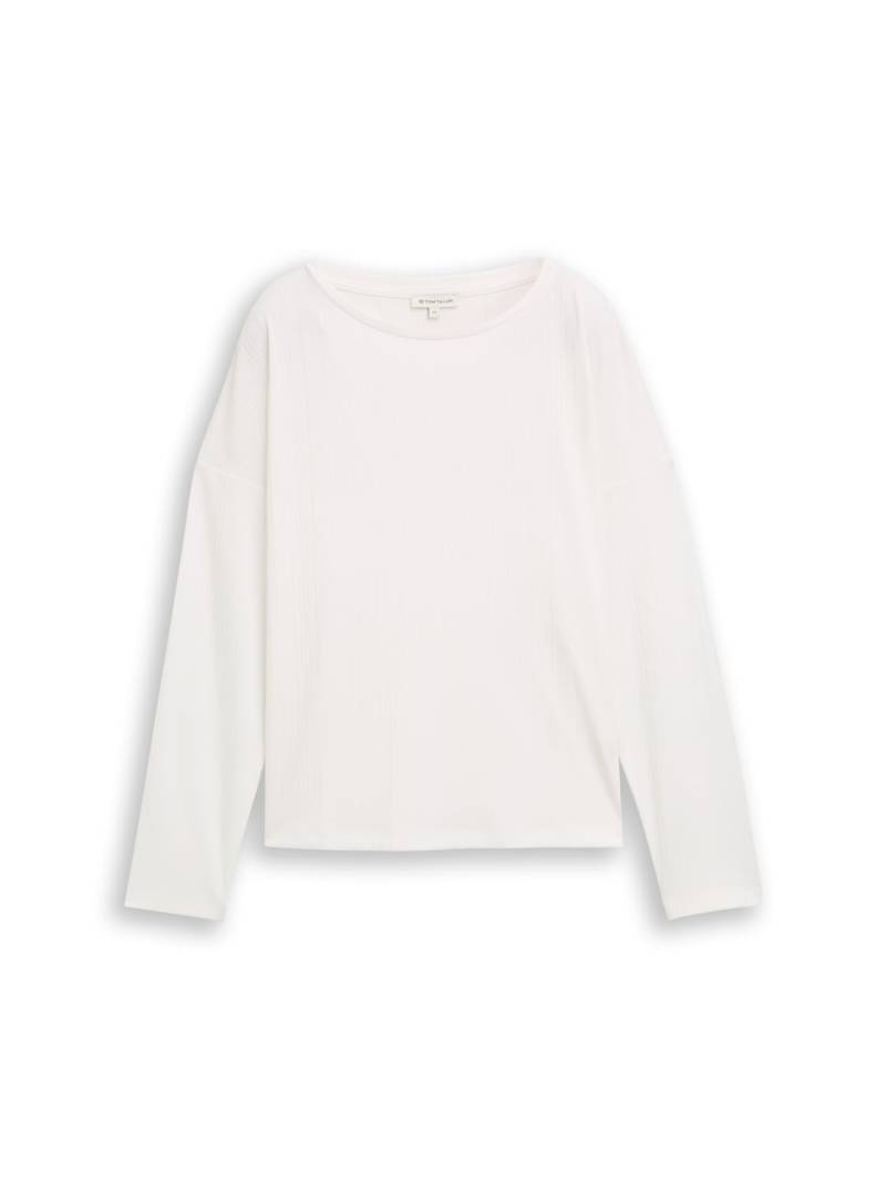 TOM TAILOR Damen Loose Fit Langarmshirt mit Rippstruktur, weiß, Uni, Gr. L von Tom Tailor